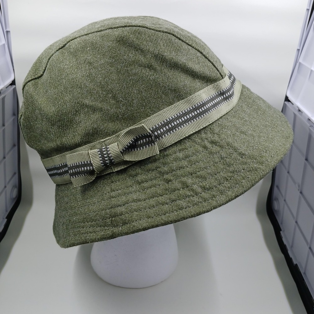 Liz Claiborne Hat Bucket‎ Cloche Olive Green Wool Blend Ribbon Band Bow Womens - Picture 2 of 8